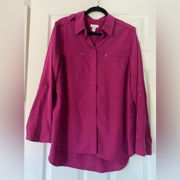 Chico’s Button Down Shirt Blouse Roll Tab Sleeve Size 3 - Picture 1 of 4